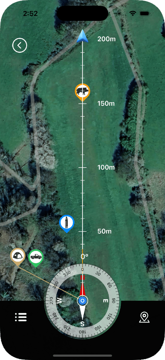 ZenTrace phone map view with a saved target marker and navigation details